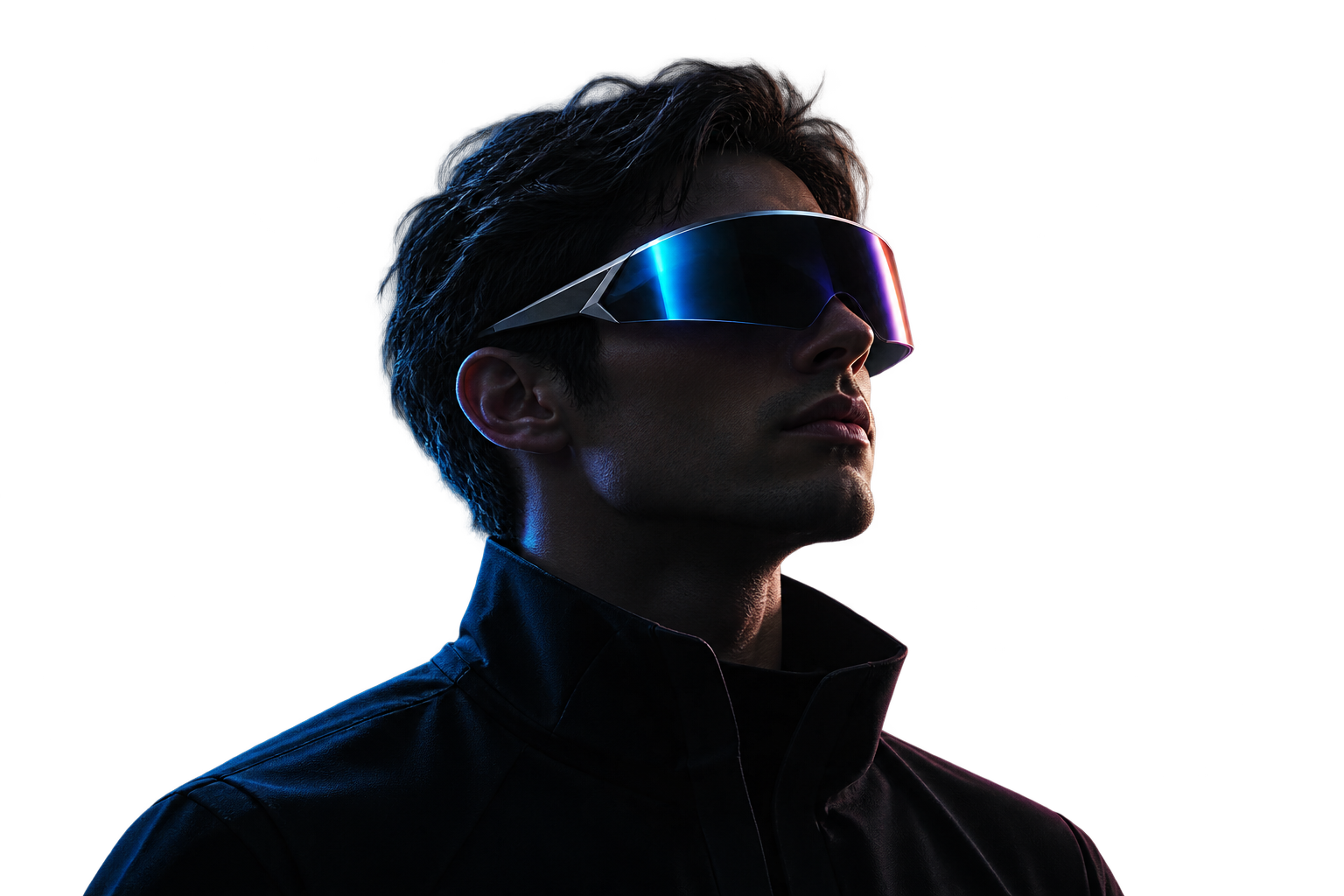 Three-quarter portrait wearing a sleek augmented-reality visor with blue and violet reflections